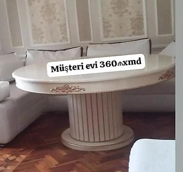Ağ rəngdə, klassik üslubda dairəvi yemək masası. - Material: bərk