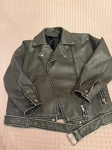 - Qara-boz rəngdə biker üslubunda süni dəri gödəkçə - Asimmetrik ön