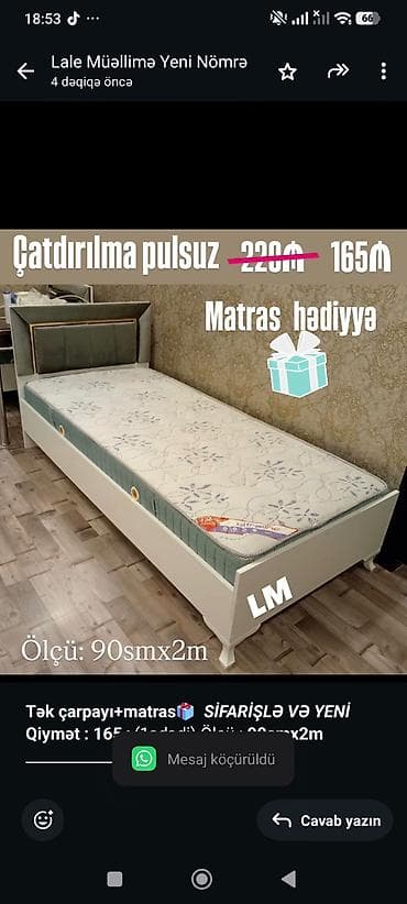 tek krafat: *Tək çarpayı+matras🎁* _*SİFARİŞLƏ VƏ YENİ*_ *Qiymət : 165₼*(1ədədi) — 1