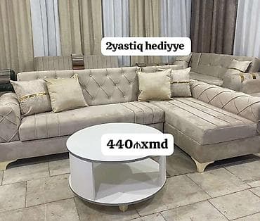 ucuz perdeler: Künc divan dəsti – müasir dizayn, krem-bej rəng palitrası və quilted — 1