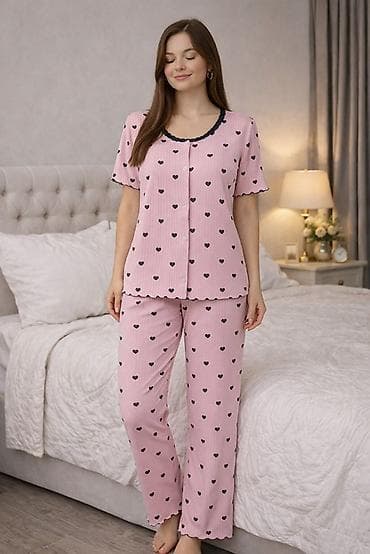 Gecəliklər: Qadın pijama dəsti – qısa qollu, düyməli üst və uzun şalvar - Dizayn — 5