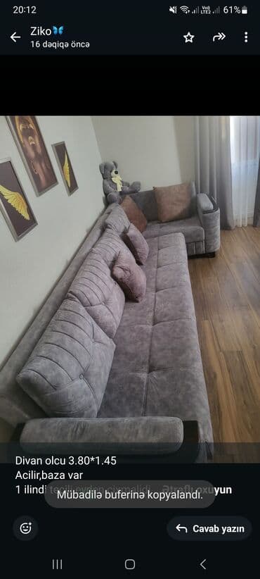 cay evi icareye verilir: Divan olcu 3.80*1.45 Acilir,baza var 1 ilindi tecili evden cixmalidi — 1