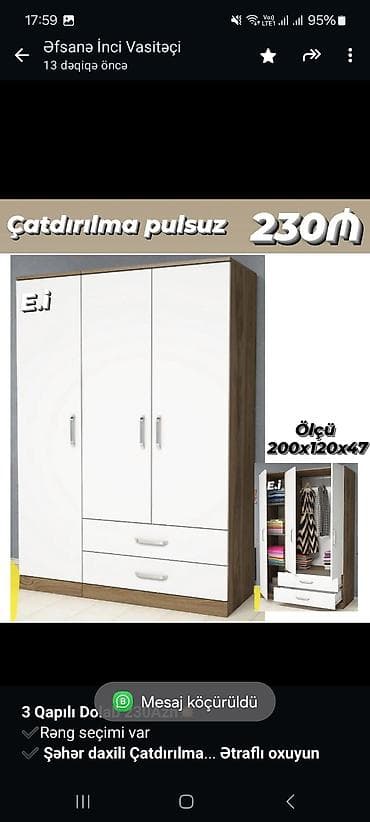 *3 Qapılı Dolab 230Azn💥* ✔️Rəng seçimi var ✔️ *Şəhər daxili