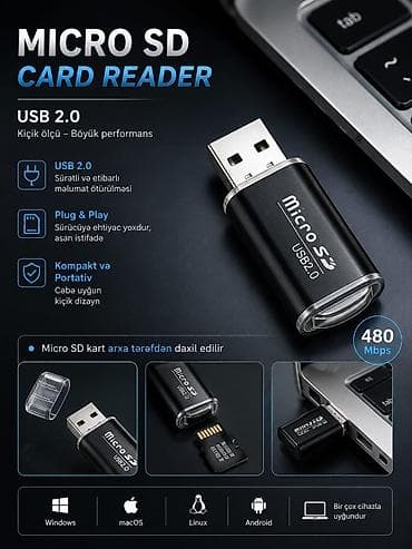Məhsul: Micro SD Card Reader – USB 2.0 Xüsusiyyətlər: - USB 2.0