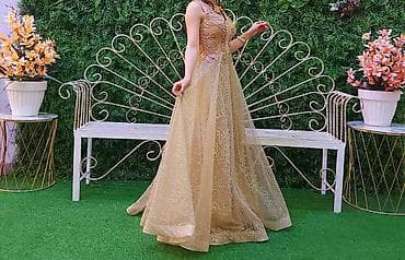 Qızılı rəngdə uzun ziyafət/libas - Model: A-kəsim, tam ətəkli, yerə — 2