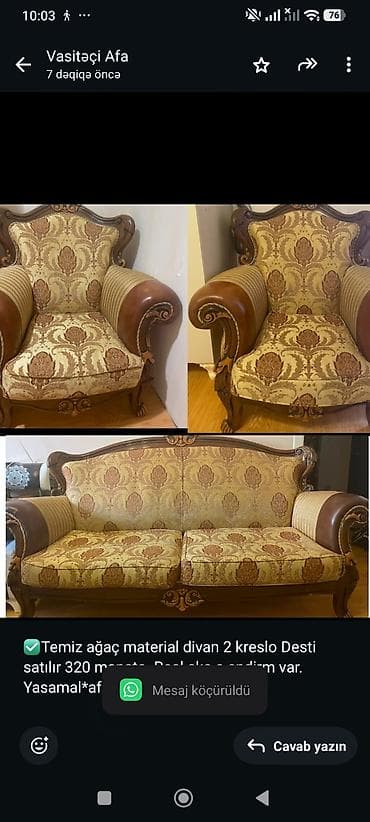 divan desti: ✅Temiz ağaç material divan 2 kreslo Desti satılır 320 manata .Real aka — 1