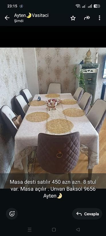 Masa desti satılır 450 azn azn. 8 stul var. Masa açılır . Unvan Baksol lalafo.az -da Masa desti satılır 450 azn azn. 8 stul var. Masa açılır . Unvan Baksol
