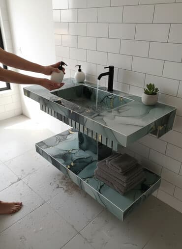 demir list qiymeti: Mərmər effektli konsol-lavabo modulu - Material: Parlaq səthli — 1