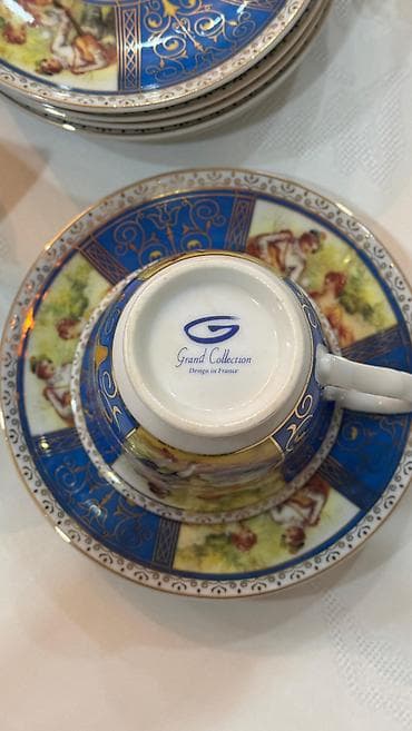 ag gilas murebbesi: Çay dəsti, rəng - Göy, Farfor, 6 nəfərlik, Fransa — 2