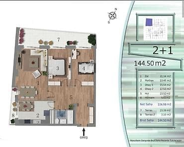 emircanda ev satisi: 2+1 mənzil – 144.5 m² plan Plan və sahələr: - Zal: 31.34 m² - Mətbəx — 3
