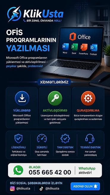 Digər xidmətlər: 💻 Noutbuk və PC üçün: ✔ Windows 10 / 11 quraşdırılması ✔ Microsoft — 2