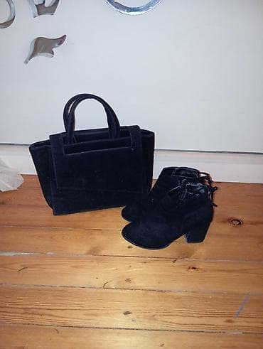 kətan şalvar qadın: Qadın dəsti – qara süet çanta və qısa boğazlı topuqlu ayaqqabı - — 1