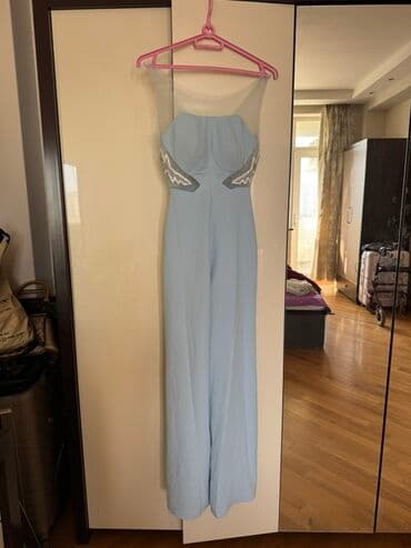 midi məxmər ətəklər: Qadın gecə/libas dəsti 1) Göy rəngli maxi paltar + şifon şal - Göy — 9