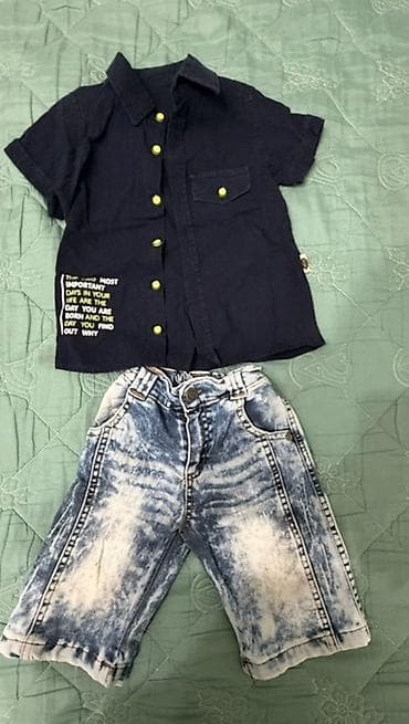 ayaggabı: Uşaq geyim dəsti - Tərkib: köynək + cins şort - Köynək: qısaqol, tünd — 1
