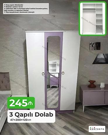 3 qapılı paltar dolabı – 47×200×120 sm Xüsusiyyətlər: - Material: 18 — 1