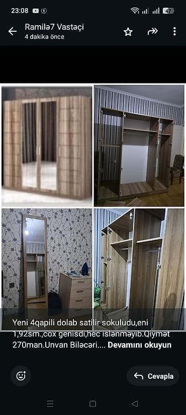 yatag mebili: Yeni 4qapili dolab satilir sokuludu,eni 1,92sm.,cox genisdi,hec — 1