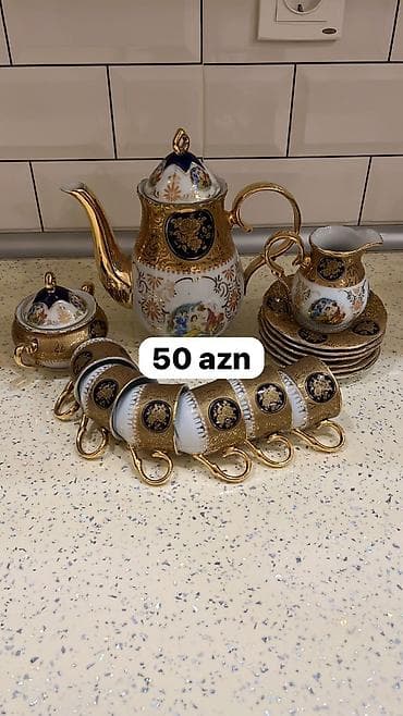 Çay dəsti, rəng - Qızılı, Farfor, 6 nəfərlik