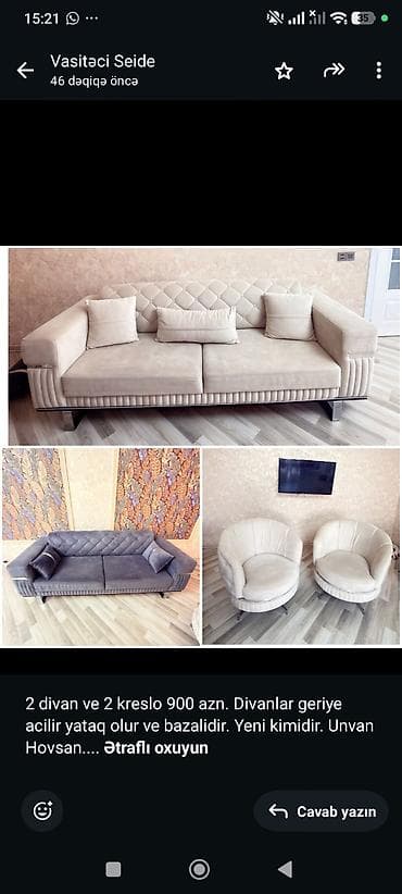 2 divan ve 2 kreslo 900 azn. Divanlar geriye acilir yataq olur ve — 1
