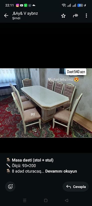 🪑 *Masa dəsti (stol + stul)* 📏 Ölçü: 93×200 🪑 8 ədəd oturacaq 🎨 Rəng