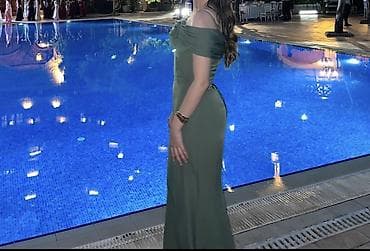 don: Zərif dizaynlı zeytun-yaşıl gecə/libas - Model: off-shoulder — 2