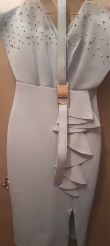 leopard donlar: Zərif dizaynlı açıq mavi ziyafət/kokteyl donu - Qoluzun, V-kəsimli — 4