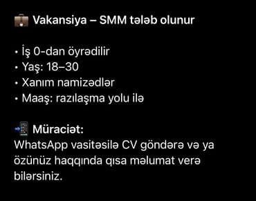 paşa mühafizə cv: SMM menecer tələb olunur, 18-29 yaş, Təcrübəsiz — 1