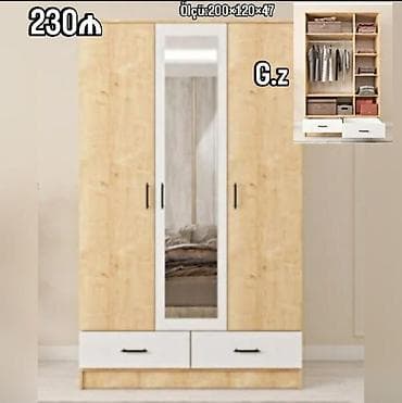 3 qapılı, Güzgülü, Ağ, Taxta, Açılan, Düz dolab