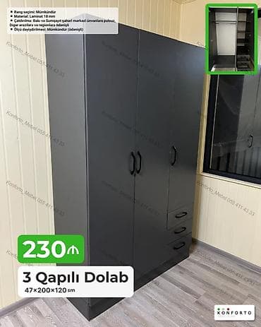 3 qapılı paltar dolabı – 47×200×120 sm - Material: 18 mm laminat -