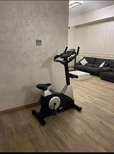 Qara və gümüşü rəngdə, oturacaqlı və tutacaqlı stasionar velosiped