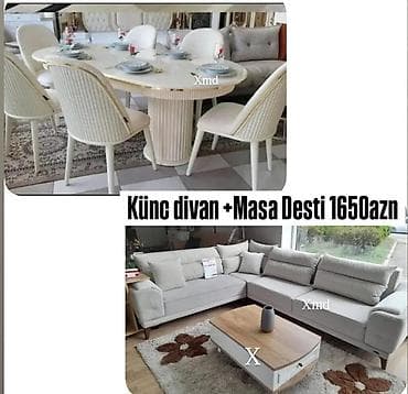 Divan və masa dəstləri: Künc divan + Masa dəsti - Künc divan: L formalı, açıq boz tonlarda — 1
