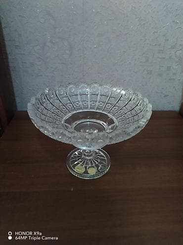 qənd qabi: Şüşə kristal ayaqlı meyvə/gülab qabı - Material: qalın, şəffaf — 1