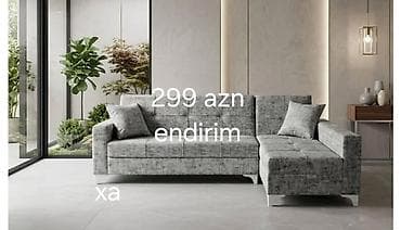 divan uqlavoy: Künc divanı – müasir dizayn, açıq boz rəng palitrası. Yumşaq toxumalı — 1
