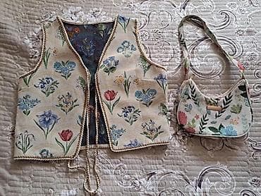 Tikiş dəsti: çiçək naxışlı jilət və çiyin çantası - Material: qalın