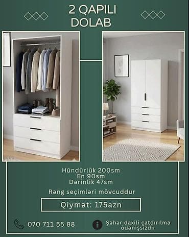ayaqqabı dolabı tap az: 2 qapılı geyim dolabı - Ölçülər: hündürlük 200 sm, en 90 sm, dərinlik — 6