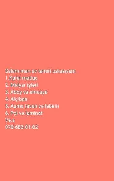 Ev təmiri və interyer işləri Təklif olunan xidmətlər: - Kafel və