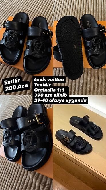 lv saat: Louis Vuitton qara dərili sandal - Model: Louis Vuitton, 1:1 — 1