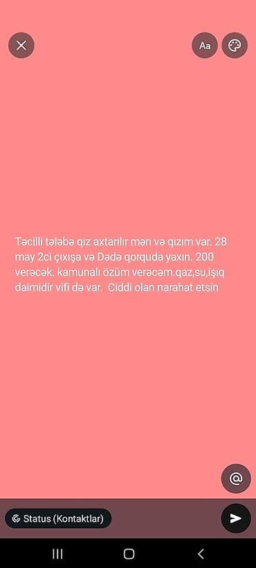 Otaq yoldaşı tələbə qız axtarıram. mənzil köhnə tikili 3/2. 28 may — 1
