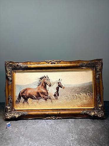 İdman və hobbi: Dəbdəbəli çərçivədə xalça tablo "Qaçan Atlar" (120x70 sm) Qiymət: 180 — 2