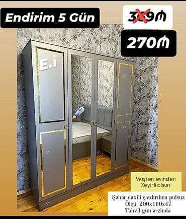 qapi bezeyi: Yeni, 4 qapılı, Güzgülü, Boz, Açılan, Düz dolab — 1