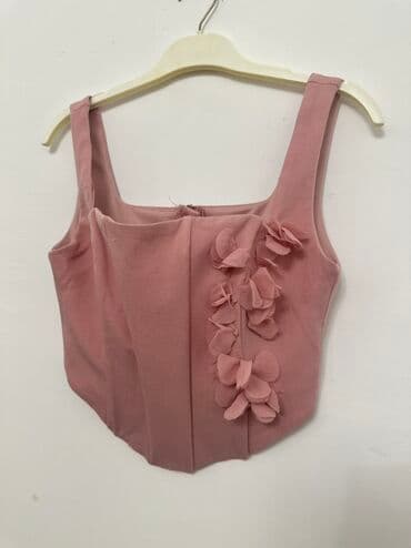 женские футболки и майки в полоску: Pudra-çəhrayı rəngdə qolsuz qadın topu (korset tipli). - Ön hissədə — 1