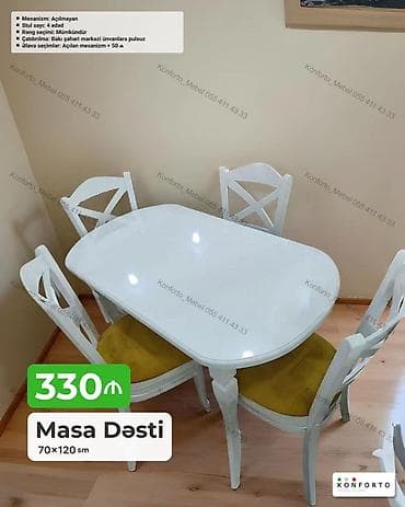 stol ustul: Masa dəsti – 70×120 sm - Dəst: 1 masa + 4 stul - Mexanizm: Açılmayan — 1