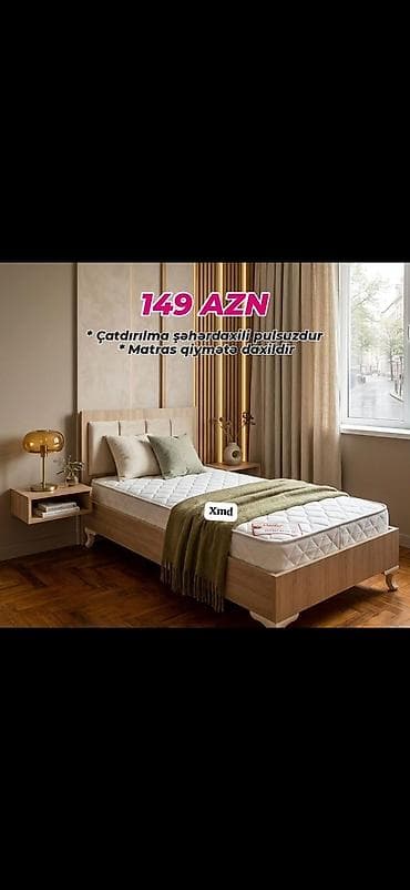 Tək nəfərlik çarpayı – 149 AZN - Dizayn: Yumşaq başlıqla, minimalist