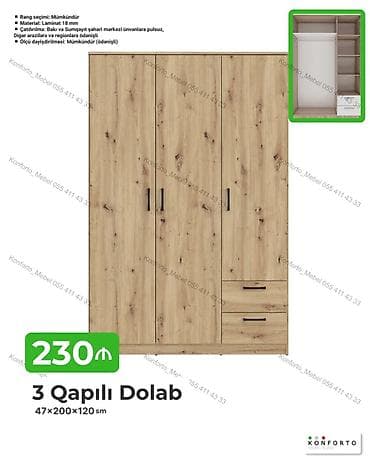 skafi: **3 Qapılı Dolab** Qiymət: 230 ₼ **Məhsul haqqında məlumat:** * — 1