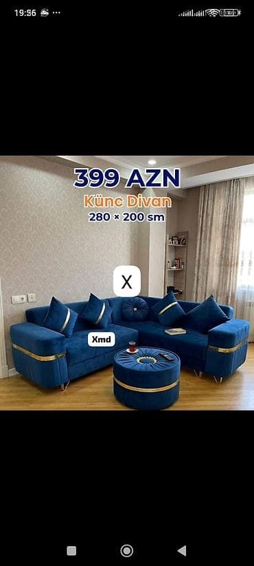 puflar: Künc divan dəsti – 280 × 200 sm • Rəng: dərin mavi • Üslub: müasir — 1