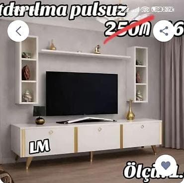 Мебель для дома: Ağ-qızılı rəng palitrasında müasir TV stendi və divar modulu dəsti — 1