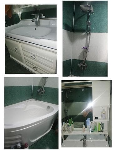 asma tavan hamam: Ağ rəngli hamam dəsti, hamam mebeli, lavabo, künc vanna, duş sistemi — 1