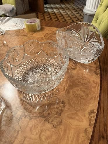 Kəpəkli kəsməli kristal qab dəsti - 2 ədəd şəffaf kristal qab - Əl