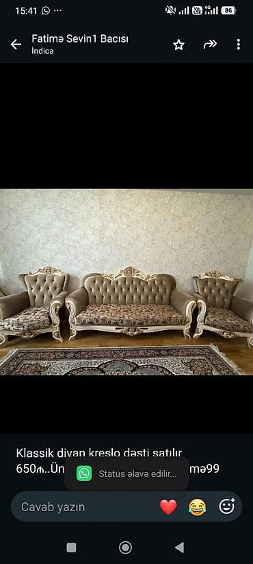 Klassik divan kreslo dəsti satılır 650₼. Ünvan Xırdalan. 9001
