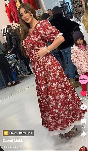 Qırmızı rəngdə, xırda çiçək naxışlı, “baby doll” effekti ilə maxi don