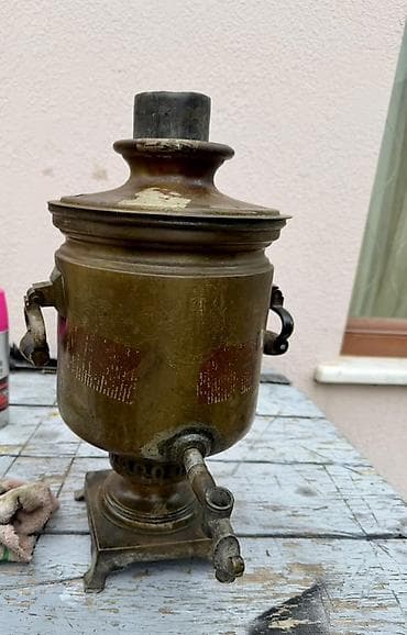 samovar 10 litr: Antik mis samovar – kömür/odunla işləyən, gravürali kolleksiya — 1